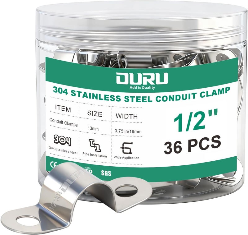 ORU 36pcs 1/2 Inch Conduit Clamp 304 Stainless Steel, Rigid Metal Pipe Clamp U Bracket, 2 Holes Pipe Strap for Automotive, Wire & Tube - Image 1